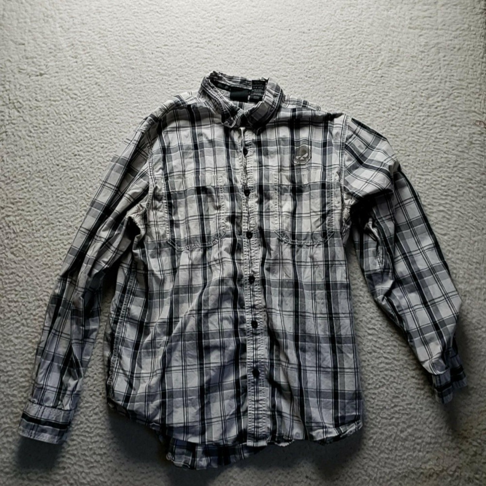 Harley-Davidson Shirt Mens XL Gray Plaid Long Sleeve 100% Cotton Button-Up Skull